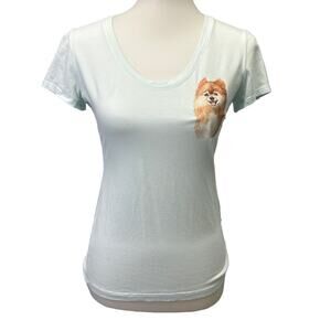 Hand Printed Upcycled Womens XS Pomeranian Puppy Dog Scoop Neck Tee Shirt Top